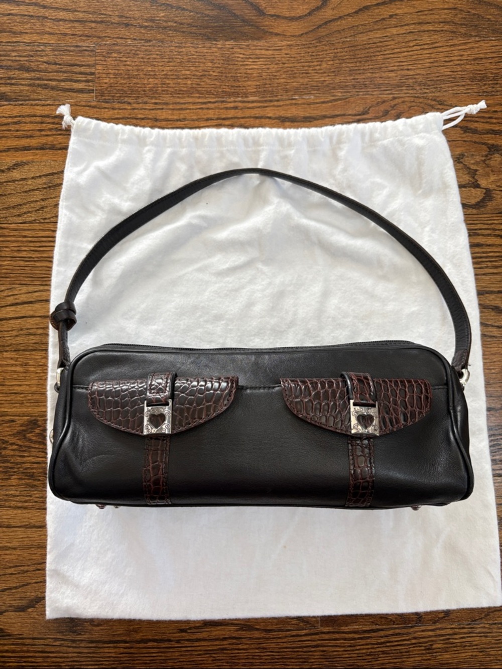 Brighton, Beautiful Black Leather Shoulder Bag with Brown Croc Trim!!